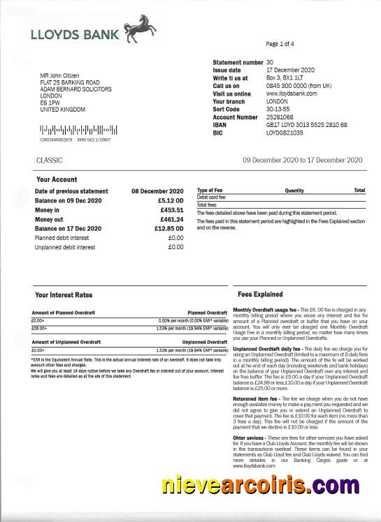 United Kingdom Lloyds bank proof of address statement, fully editable in PSD format